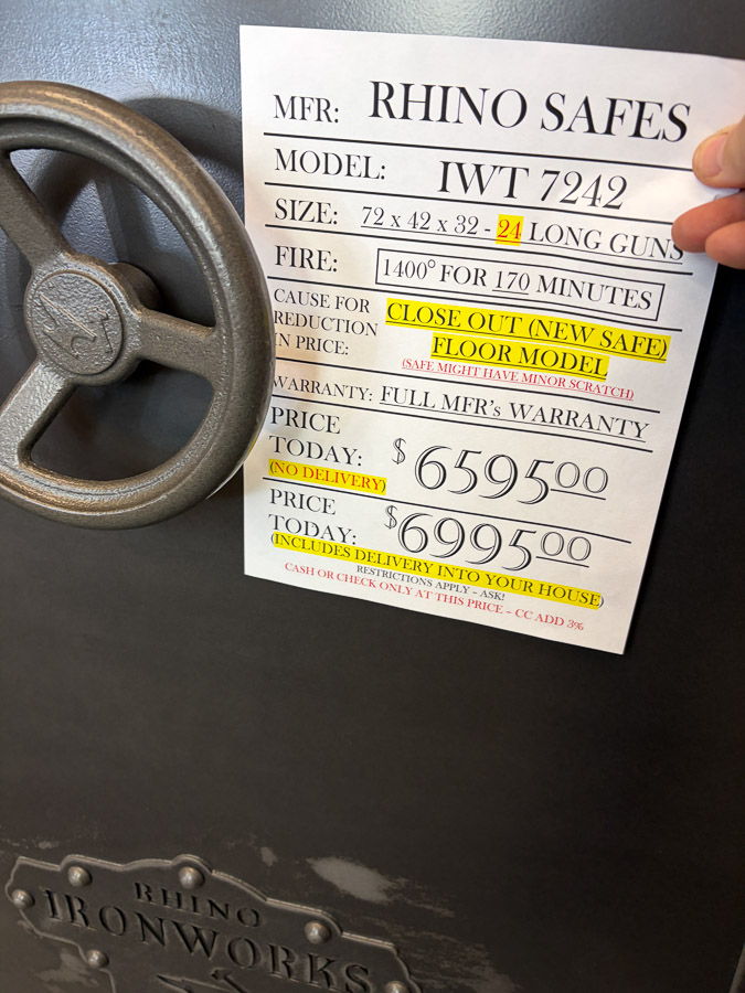 RHINO IWT7242 gun safe exterior with sale price tag on door - SES spring cleaning sale