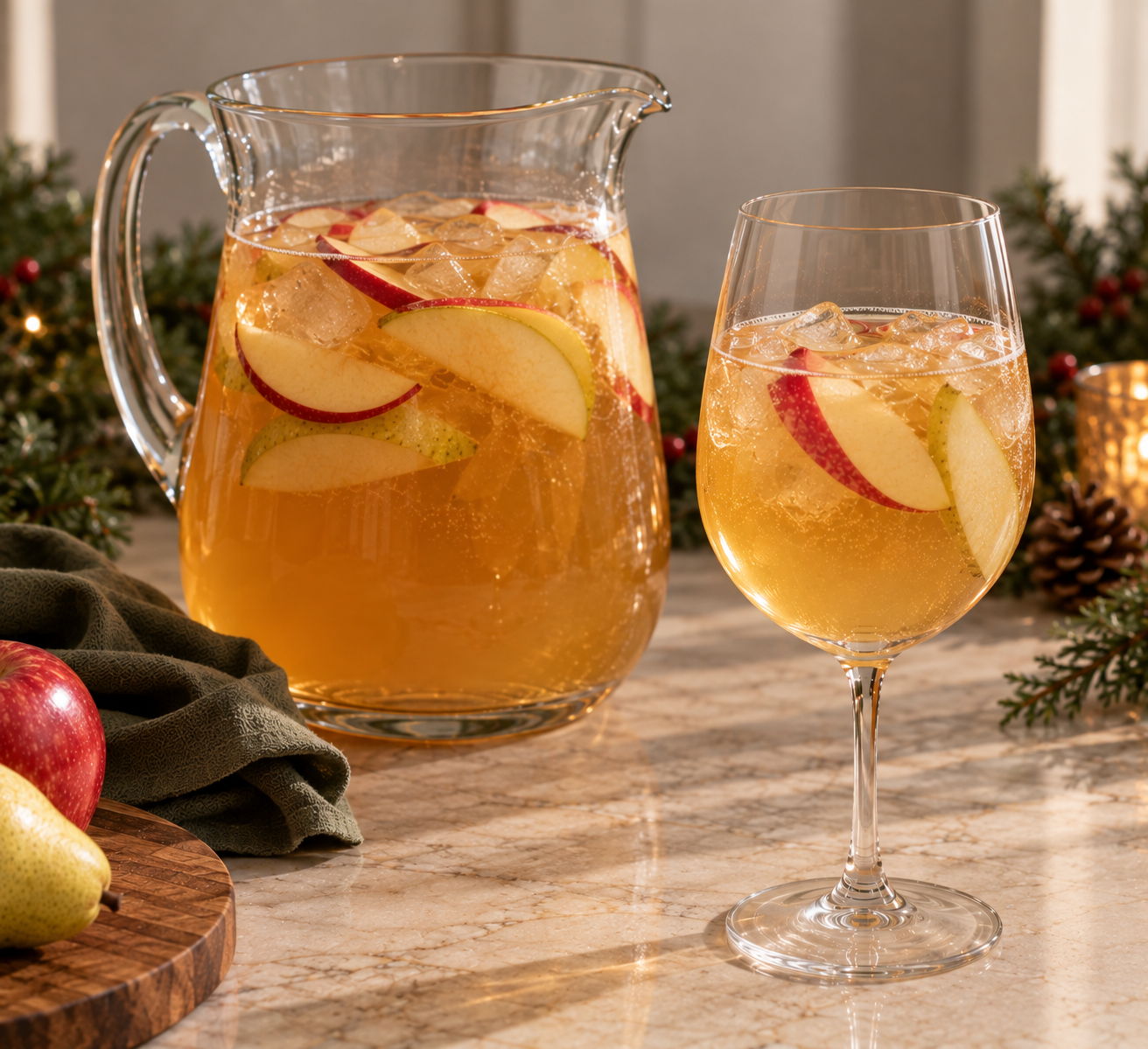 A pitcher and glass of apple-infused iced tea on a countertop.