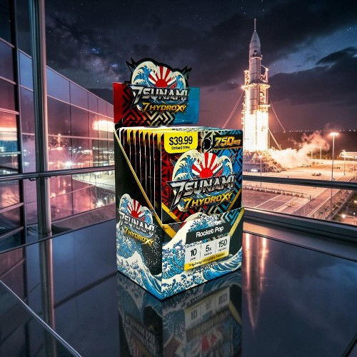 Box of fireworks displayed with a city backdrop at night.