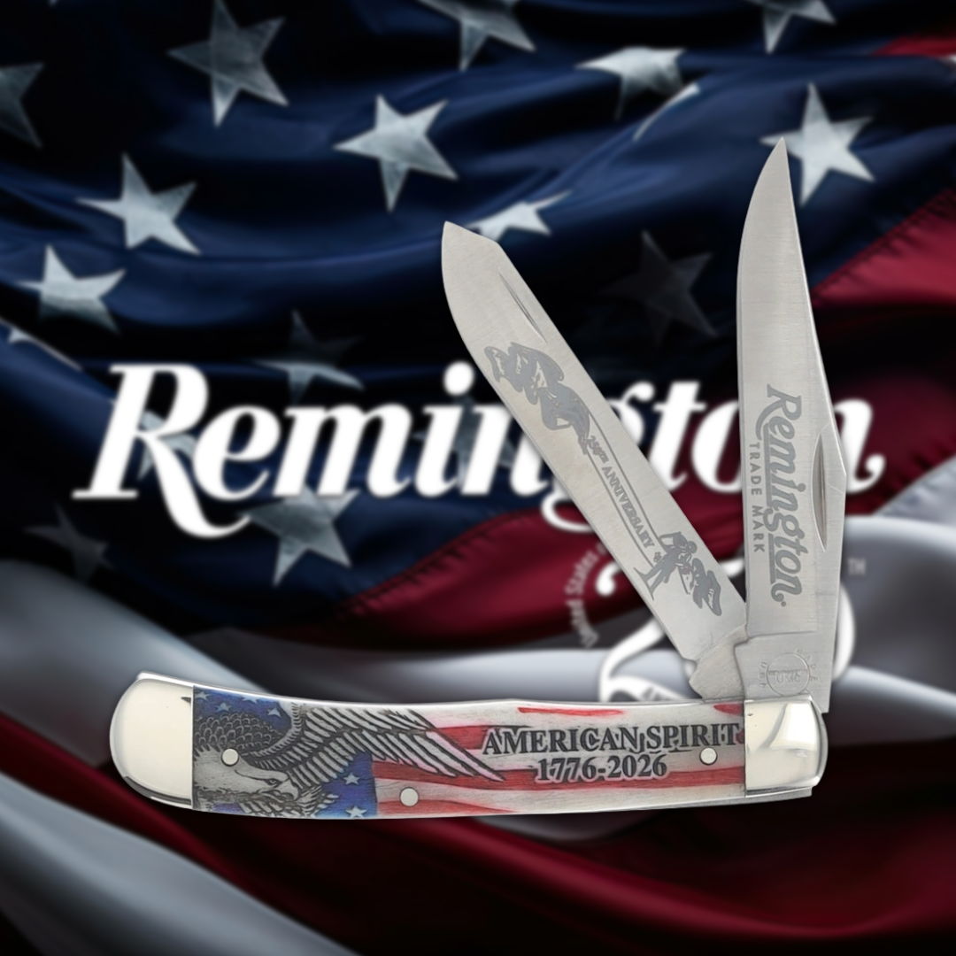 A folding knife with an American flag design against a backdrop of the flag.