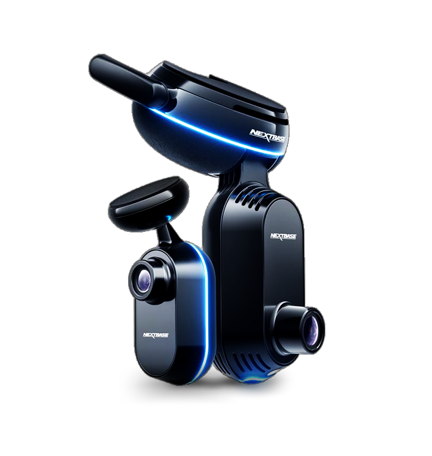 A futuristic camera design with sleek lines and blue accents.