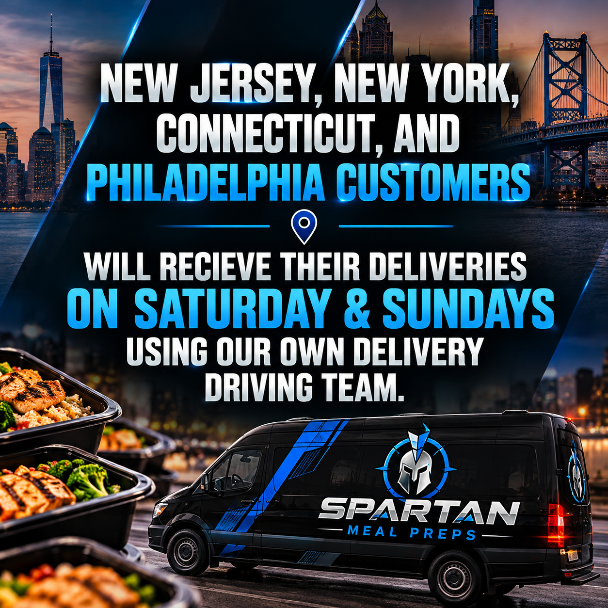Spartan Meal Preps weekend meal delivery in New Jersey, New York, Connecticut, and Philadelphia, featuring fresh prepared meals and a branded delivery van. Copy