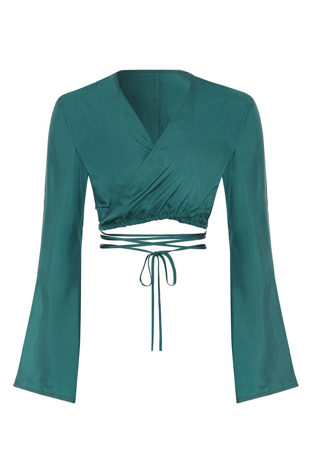 lake blue long sleeved silk twill wrap top 