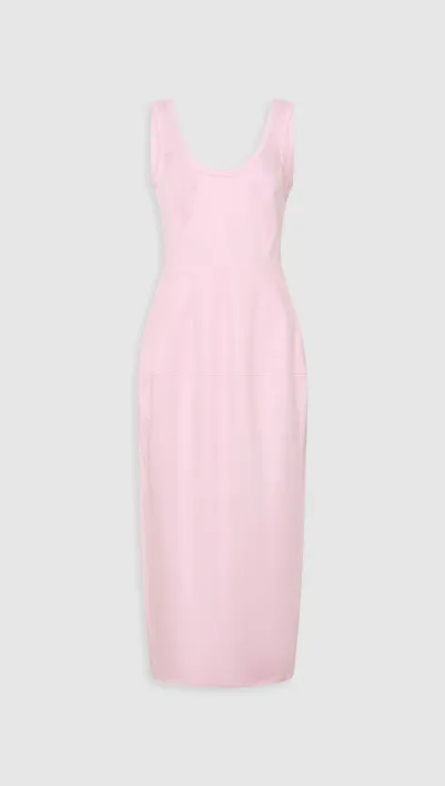 A sleeveless, knee-length pink dress on a gray background.