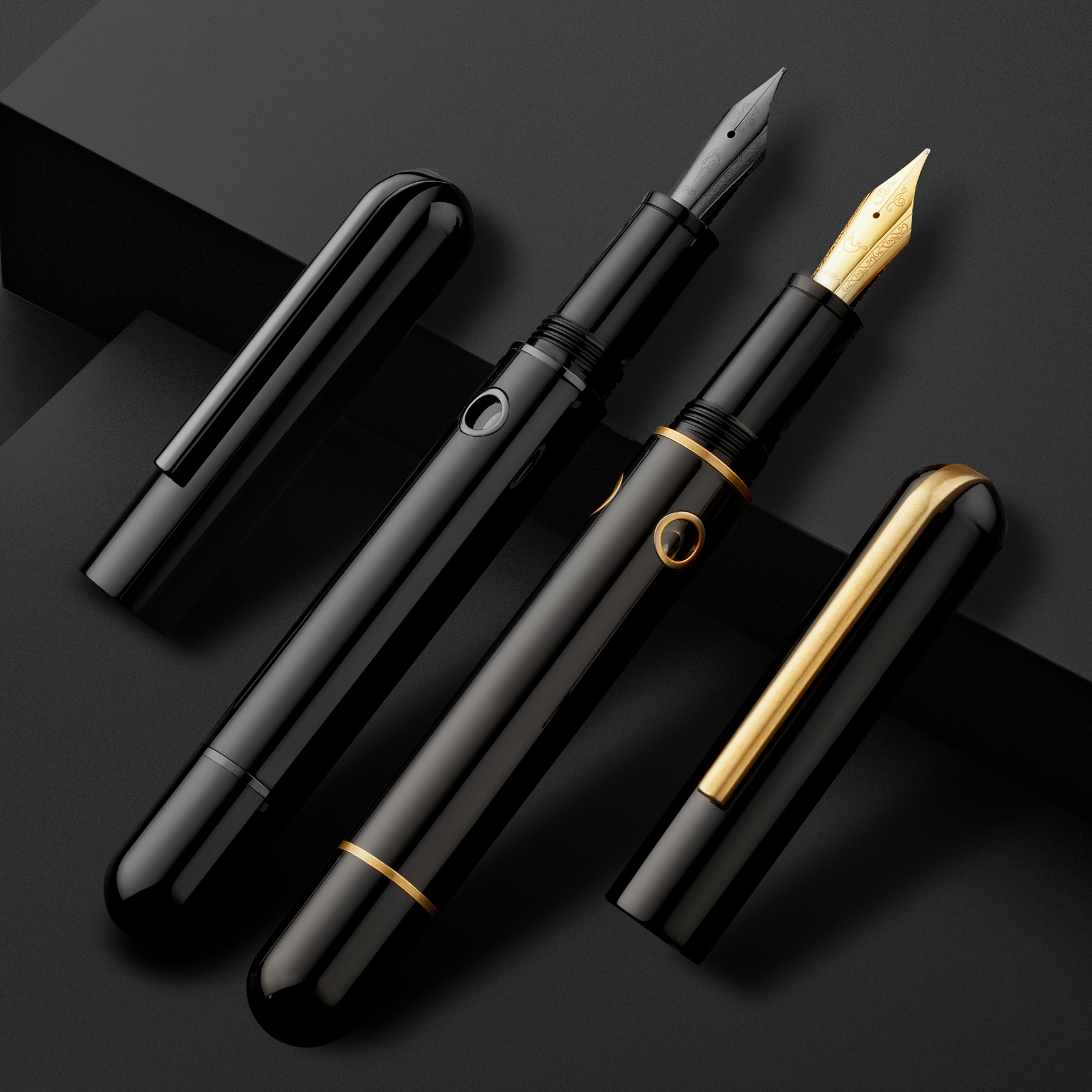 Nahvalur Nautilus black ebonite fountain pens in cephalopod black and bornze corydoras