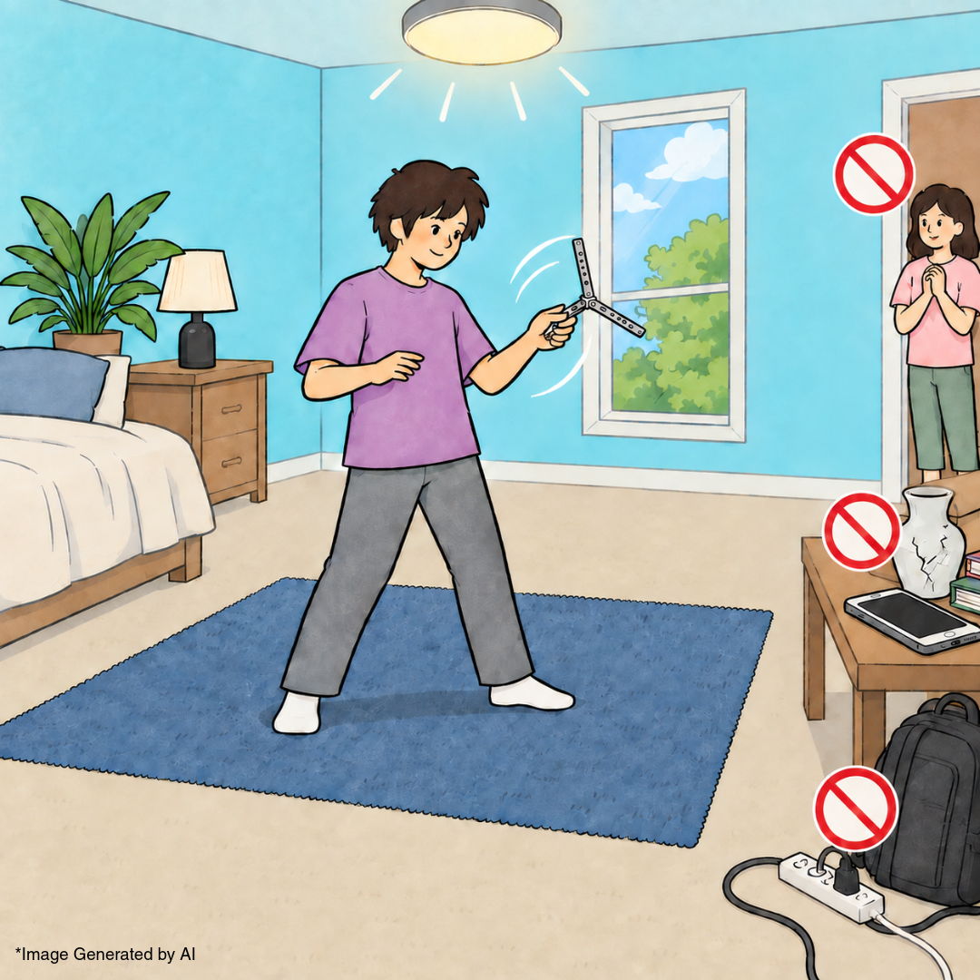Person practicing an activity in a room, with safety warnings displayed.
