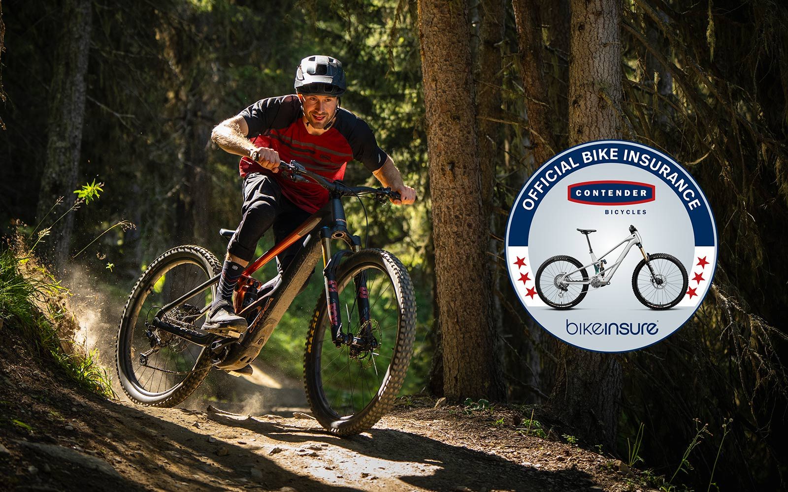 Cyclist riding a mountain bike with a badge overlay.