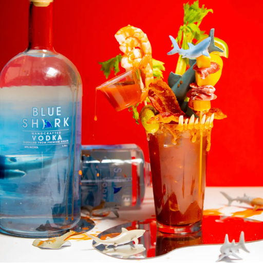 A Bloody Mary cocktail with garnishes and a bottle of Blue Shark vodka.