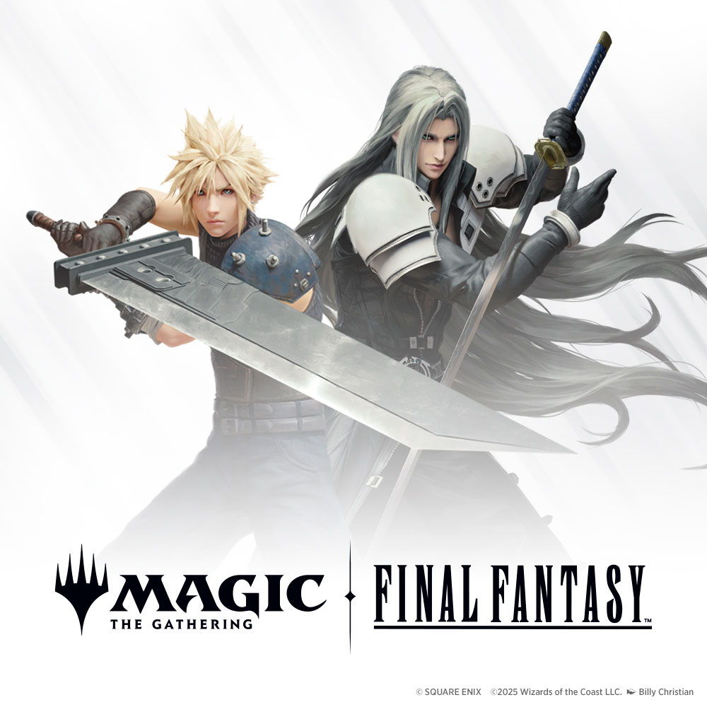 Characters from Magic: The Gathering and Final Fantasy, featuring iconic weapons.