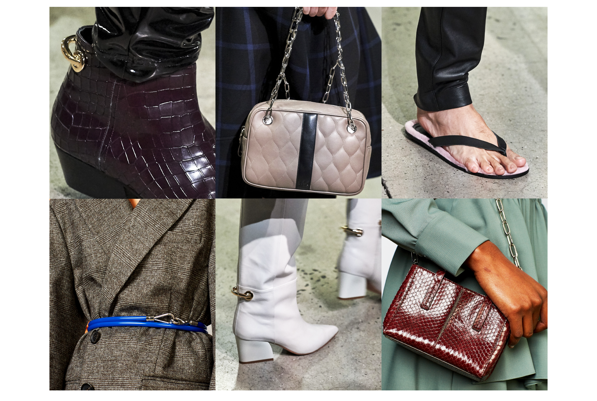 6 detail shots of Fall 2019 bags and accessories