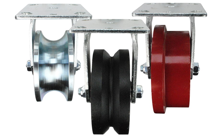 Steel & Nylon plate casters with V-groove, U-groove & flanged wheels designed to roll on angle iron, rail & tracks. Up to 2,000 lbs capacity