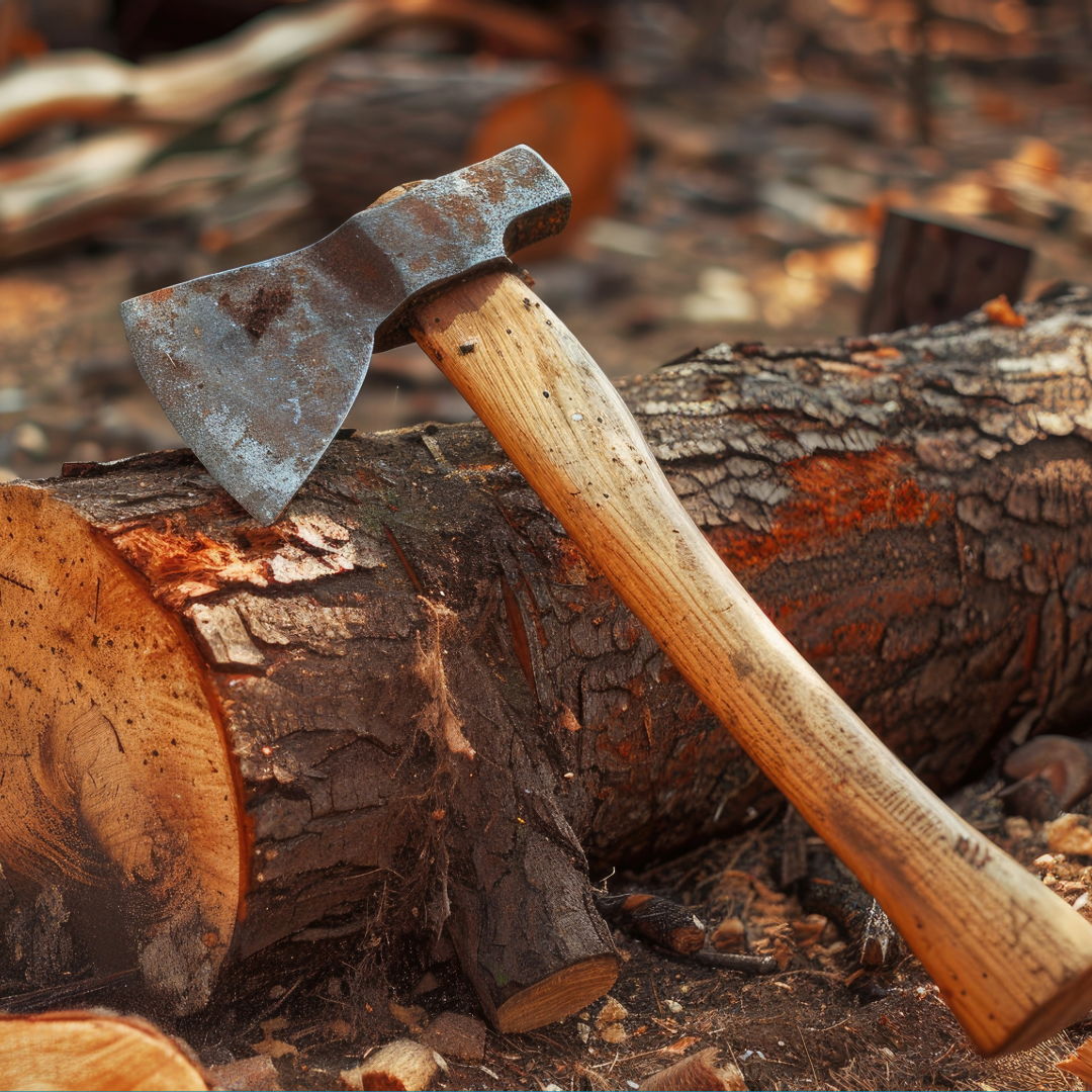 Axe resting on a log in a wooded area.