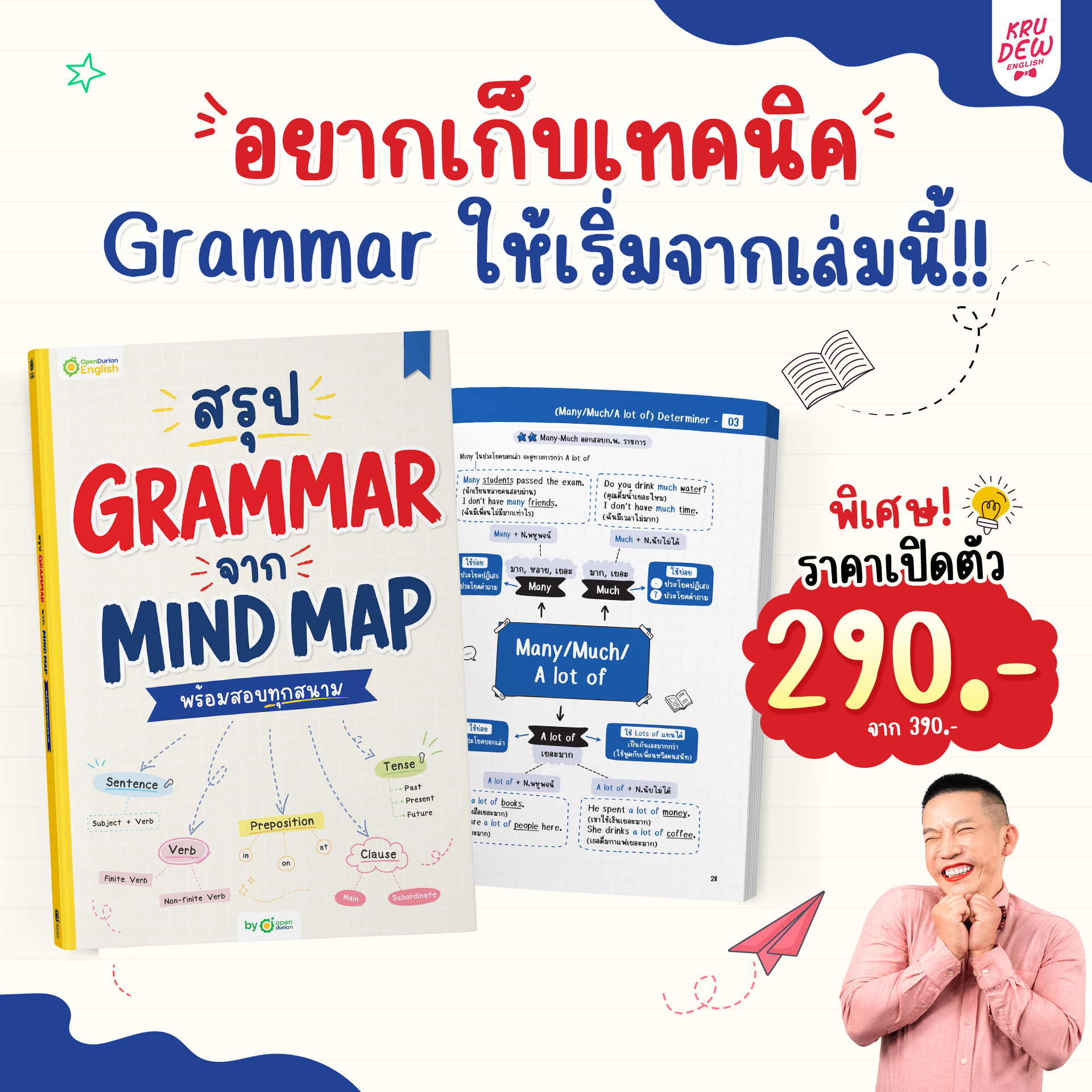 Grammar mind map book promotion with price and cheerful presenter.