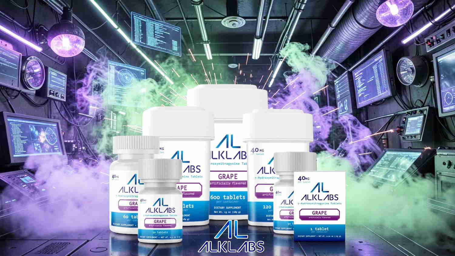 Various health supplement bottles in a futuristic lab setting.