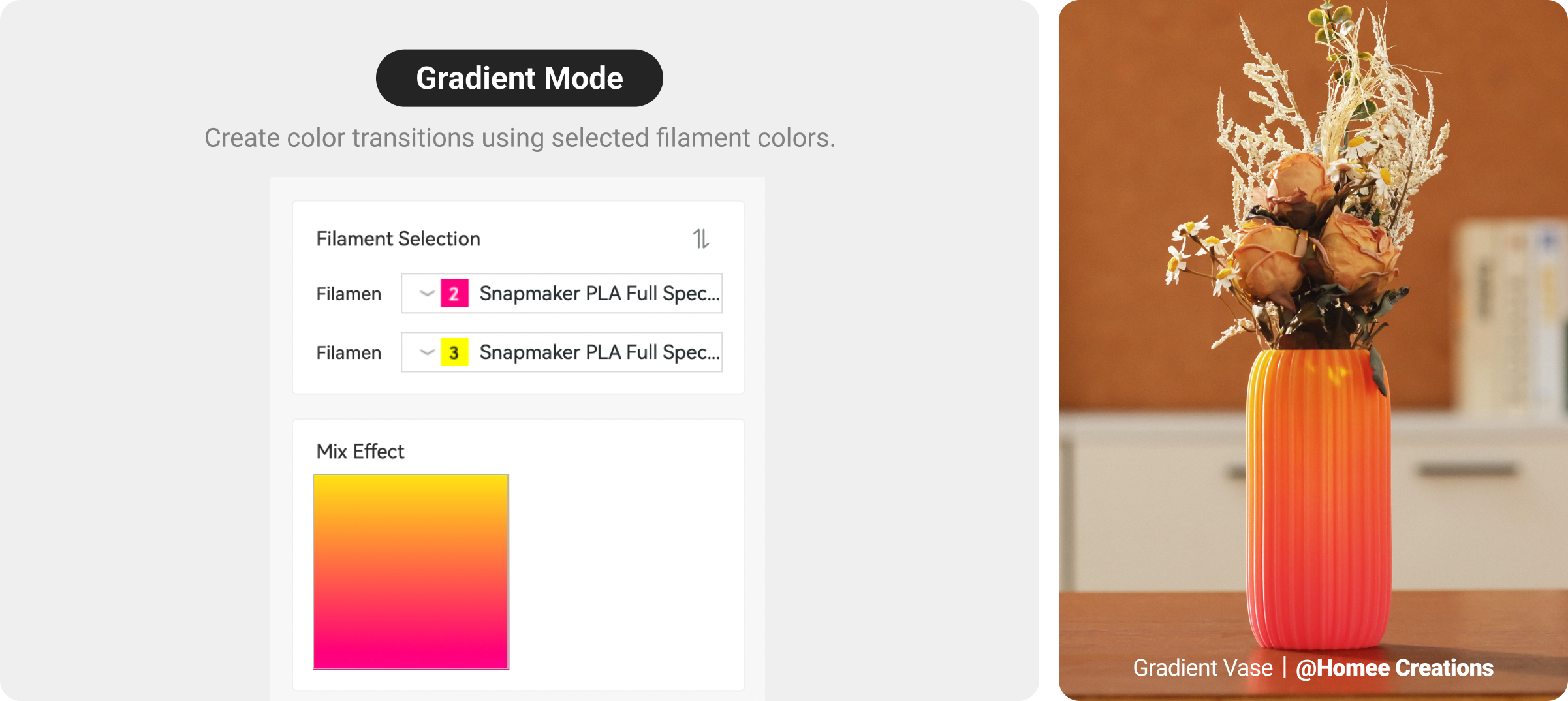 Interfaz de usuario que muestra opciones de colores degradados junto a un jarrón decorativo con flores.