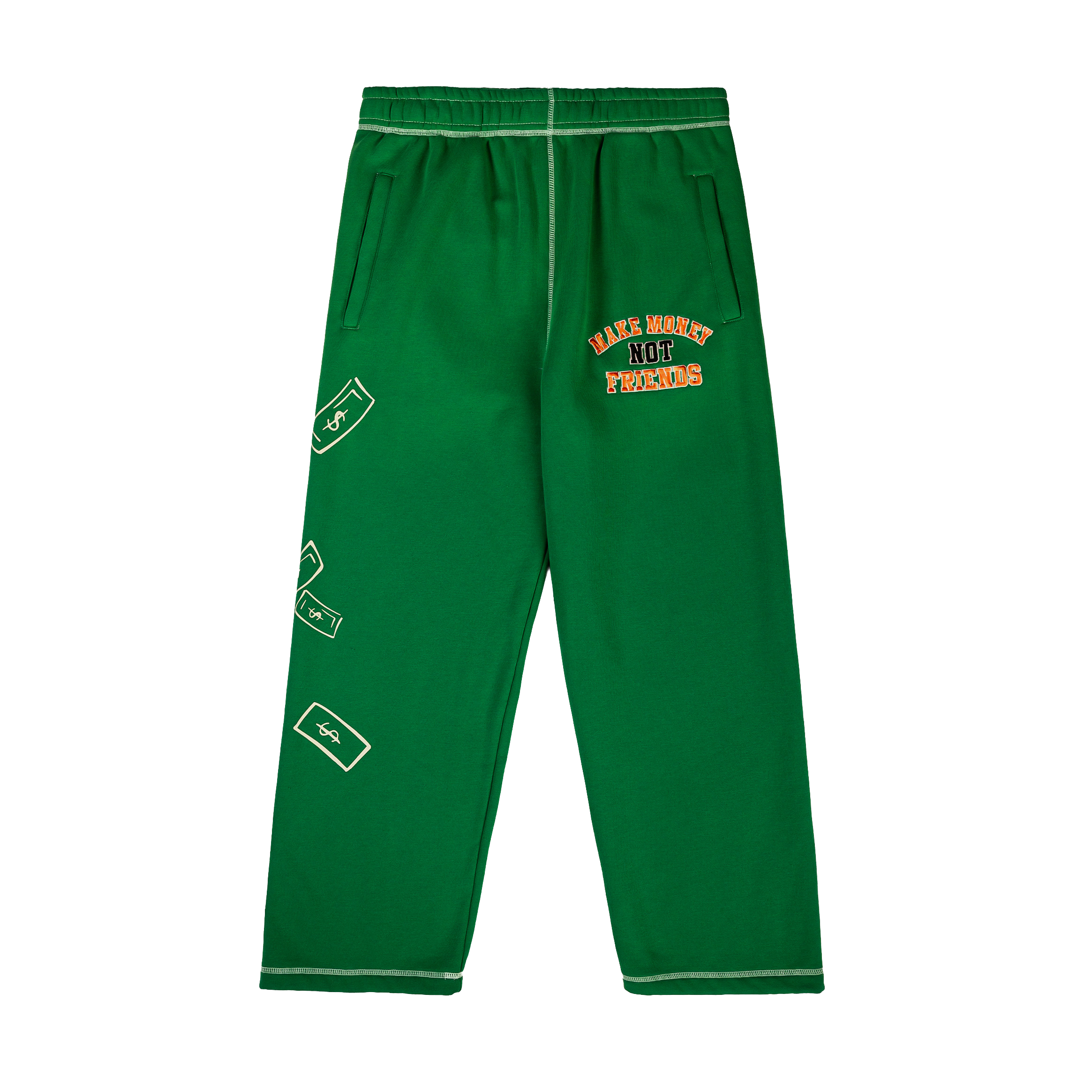 Green sweatpants with printed designs and text on the front.