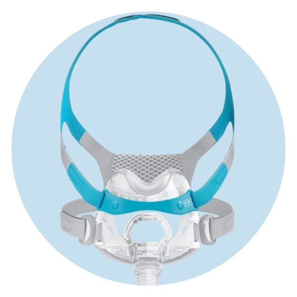 CPAP mask with adjustable straps and clear face cushion.