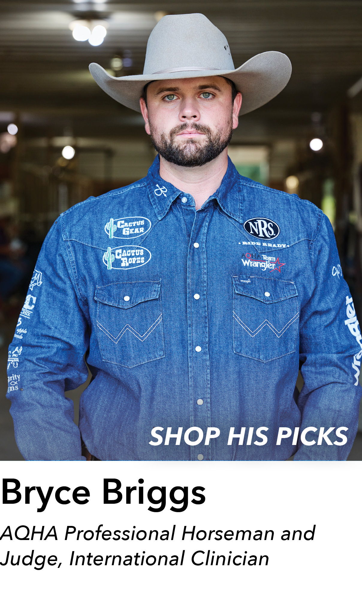 Man in a cowboy hat and denim shirt, promoting horse-related products.