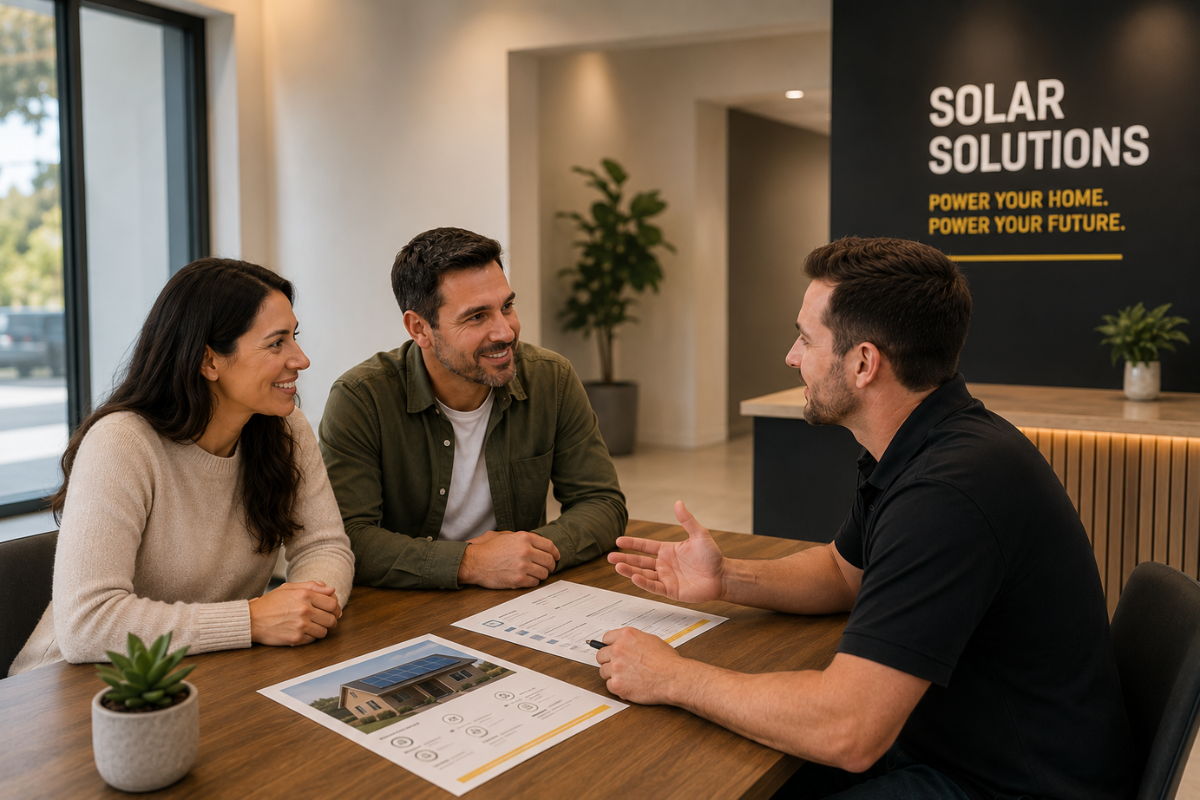 Couple discussing solar solutions with a consultant at a modern office.