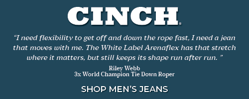 Cinch jeans advertisement featuring a quote from a world champion roper.