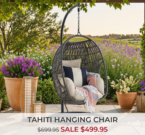Tahiti hanging chair on sale with surrounding plants and flowers.