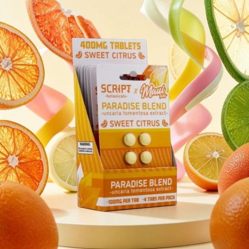 Pack of citrus-flavored tablets with colorful background and fruit slices.