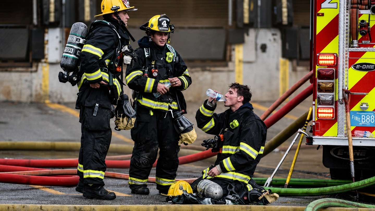 Firefighters in gear, one drinking water, near fire truck and hoses.
