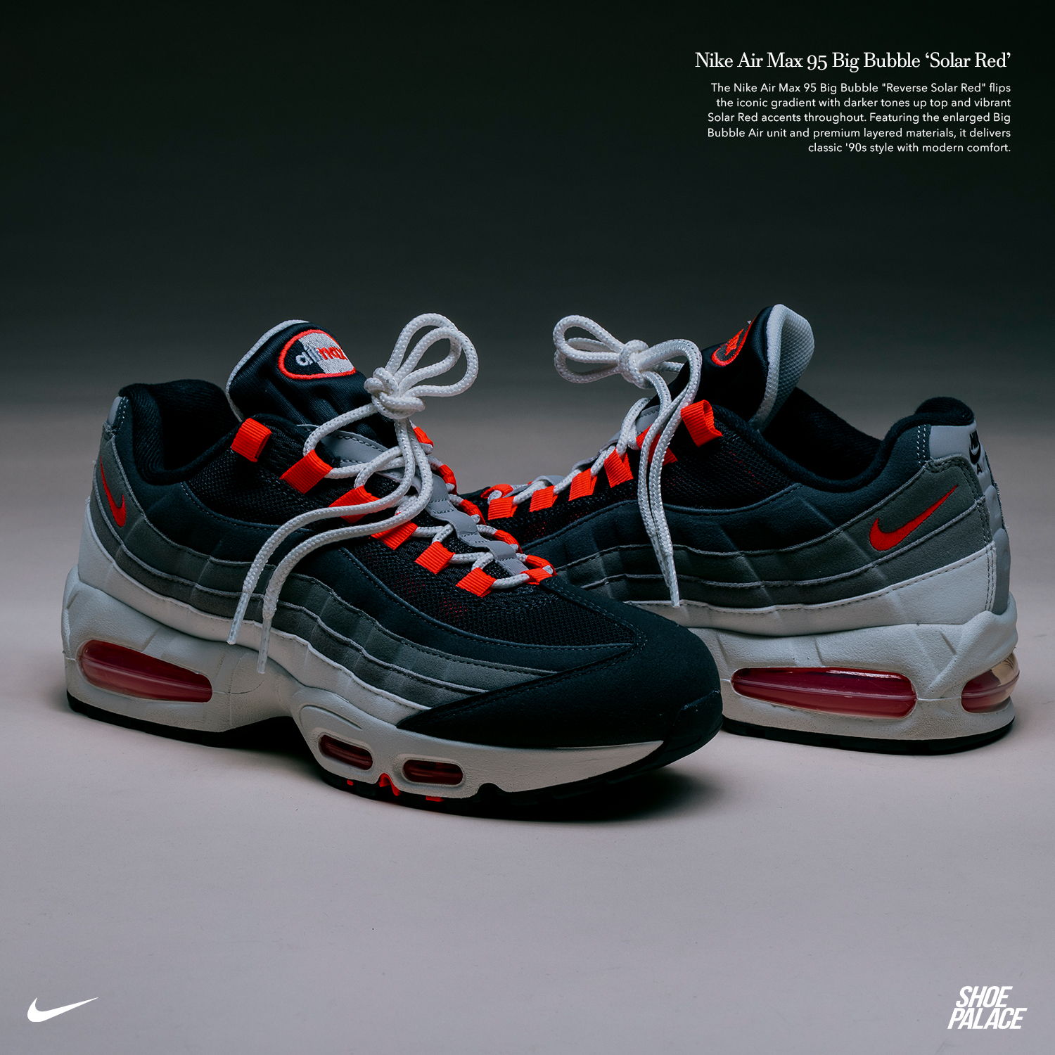 Nike Air Max 95 sneakers in black, red, and gray colors.