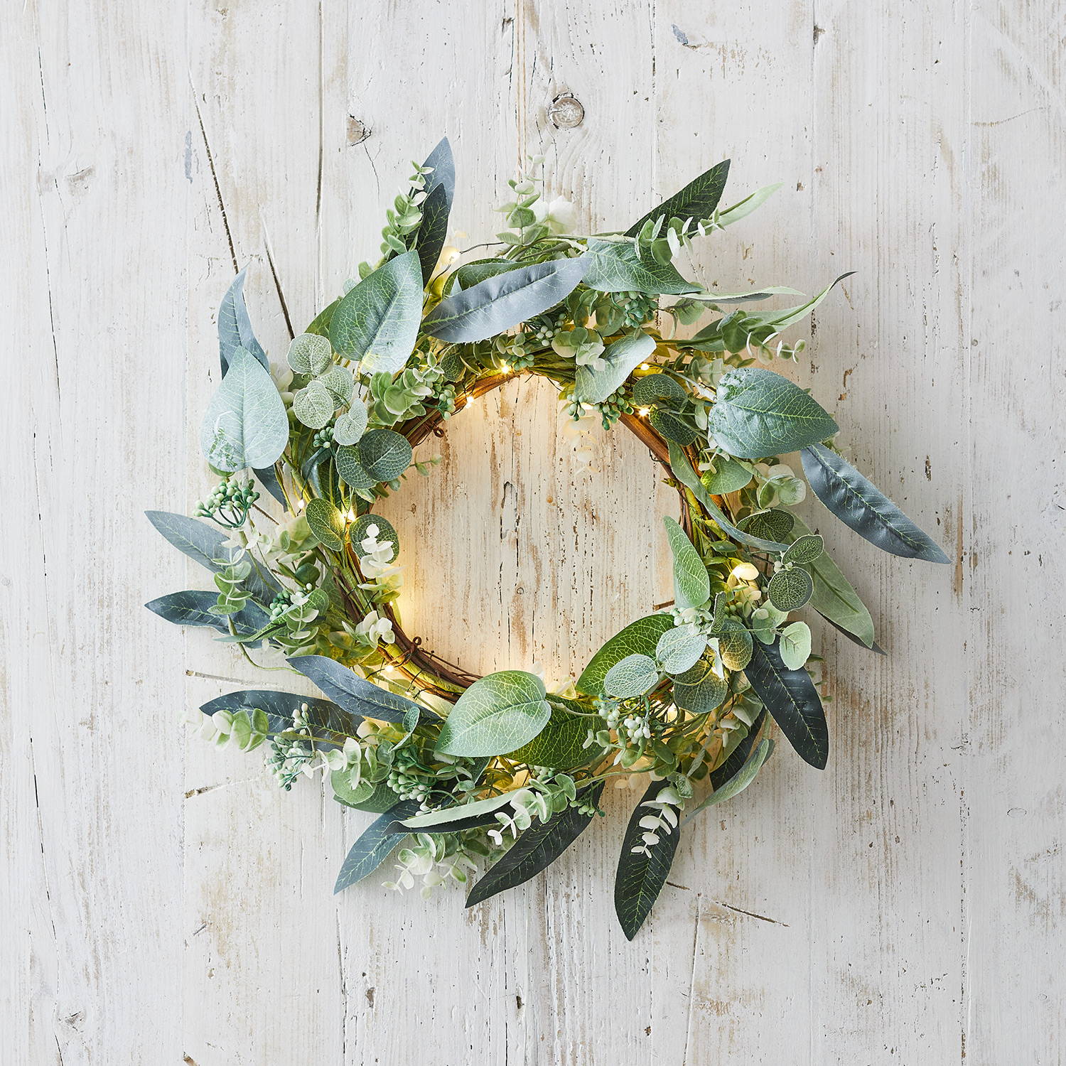 Eucalyptus wreath illuminated with micro lights