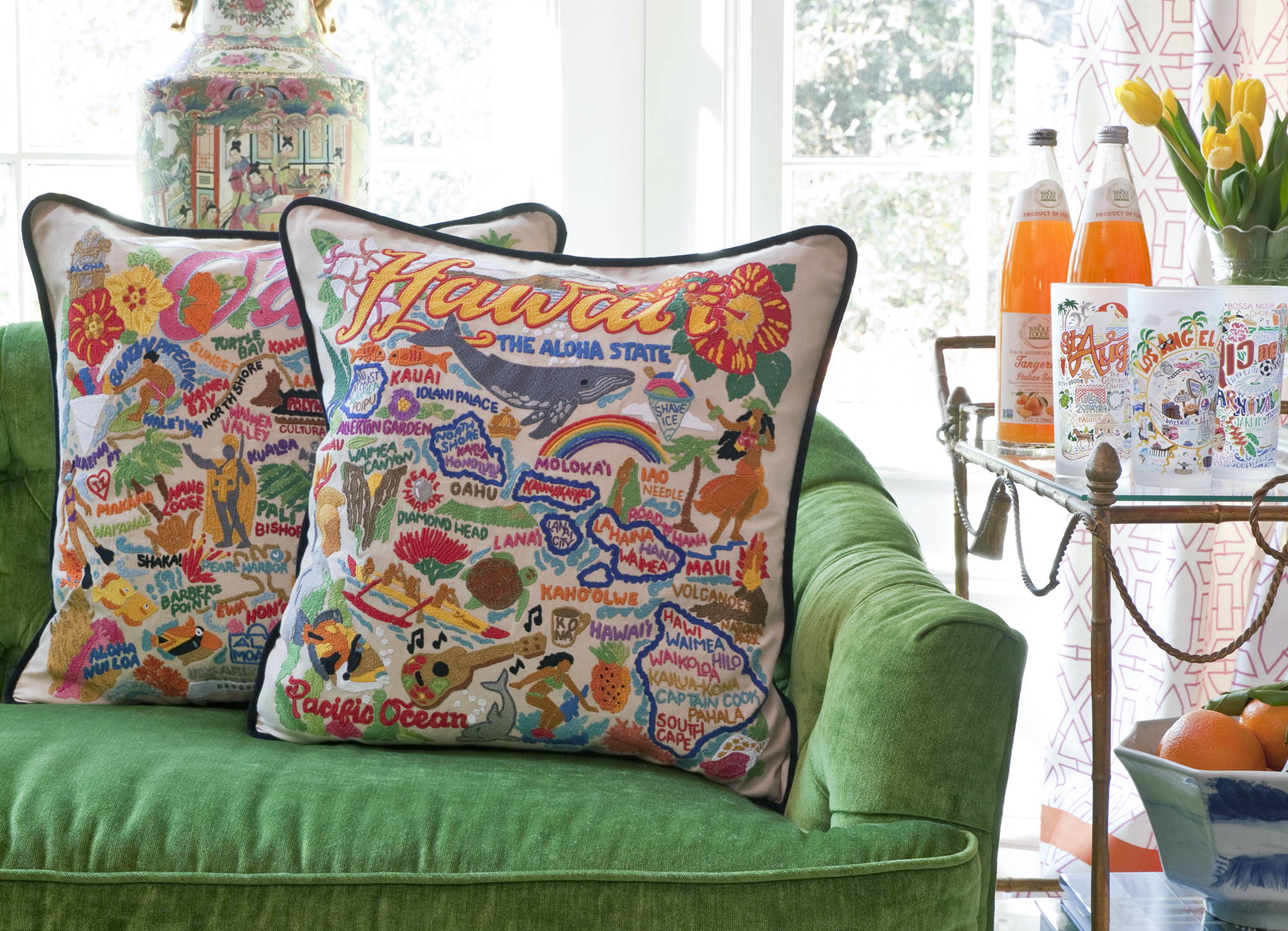 Hawaiian Isles Hand-Embroidered  Pillow