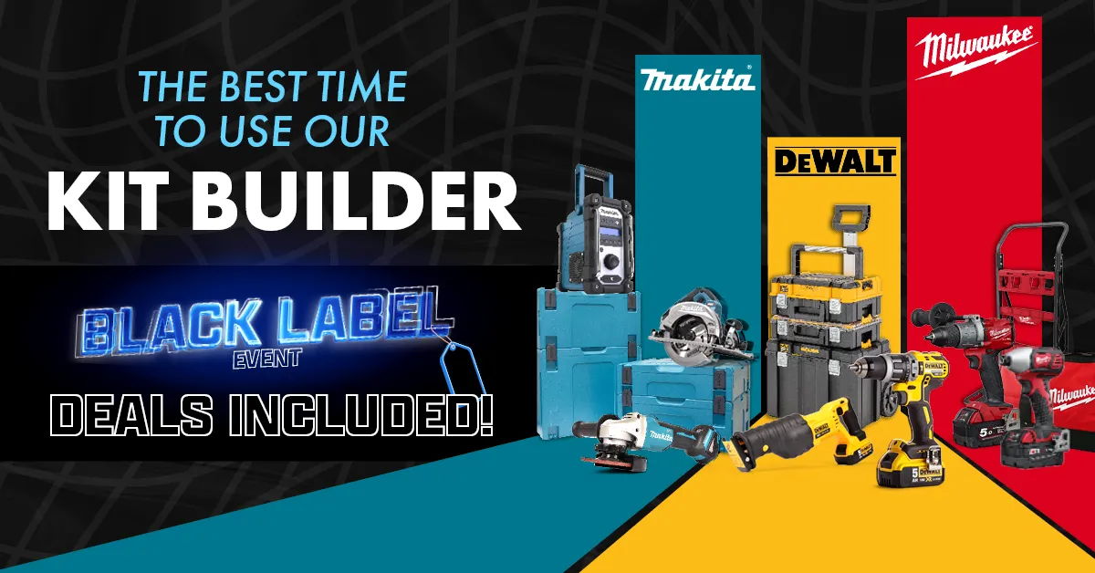 Promotional image for a tool kit builder with brand logos and products displayed.
