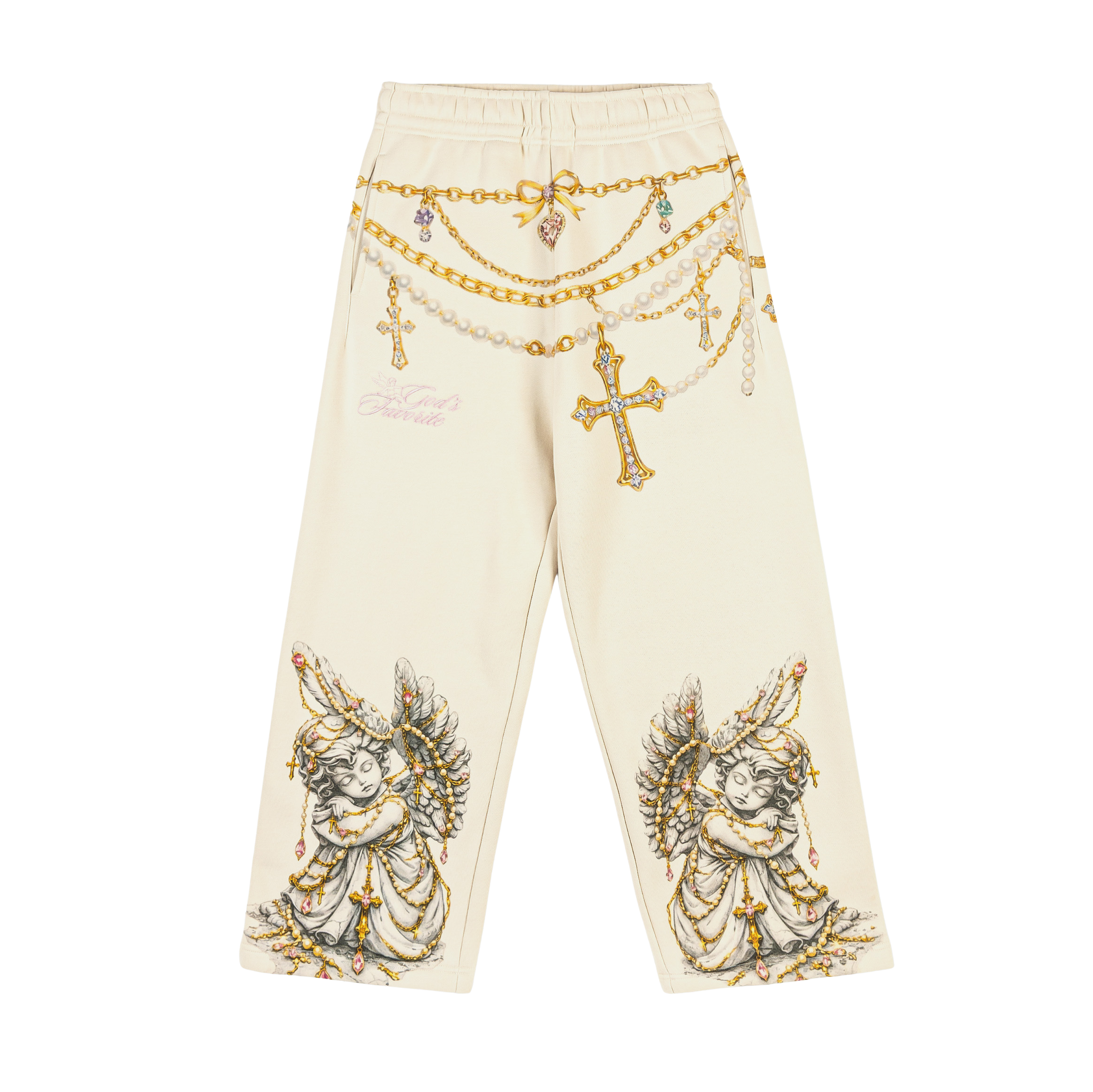 Cream pants with angel designs and decorative chains and crosses.