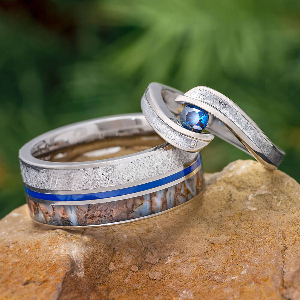 Matching Blue Engagement Ring and Wedding Band Set