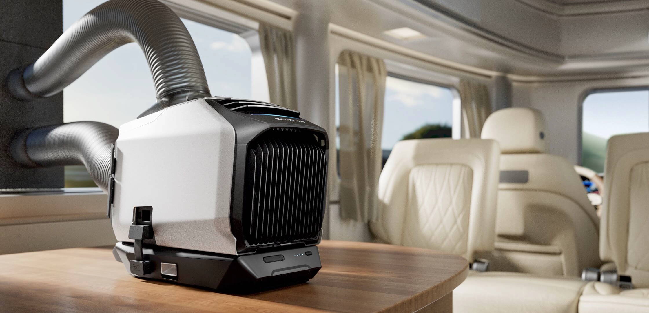 The ecoflow wave 2 portable air conditioner with inlet and outlet pipes cooling a campervan