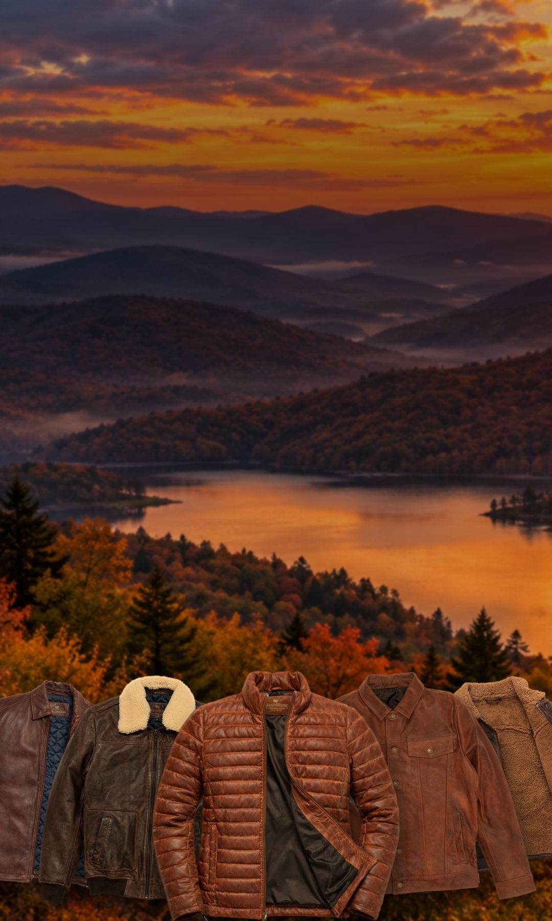 Buffalo Jackson leather jackets, including a shearling-collar jacket and quilted leather down jacket, against an autumn mountain sunset