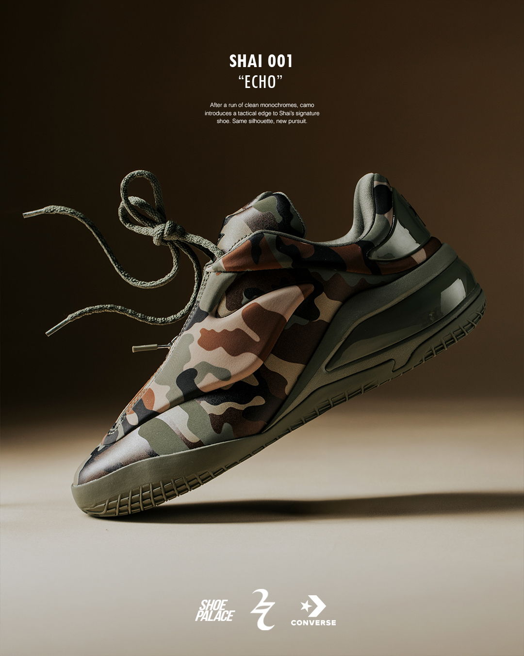 Camouflage sneakers displayed against a neutral background.