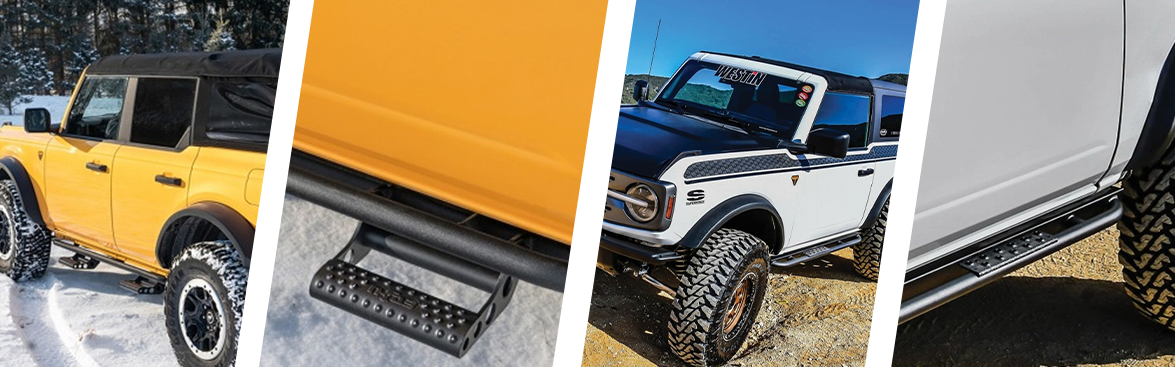 Photo collage of Ford Broncos with rock rails and side steps installed
