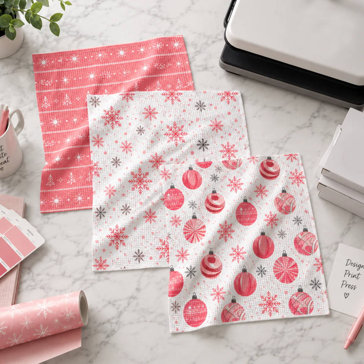 Holiday-themed wrapping paper with festive designs on a marble surface.