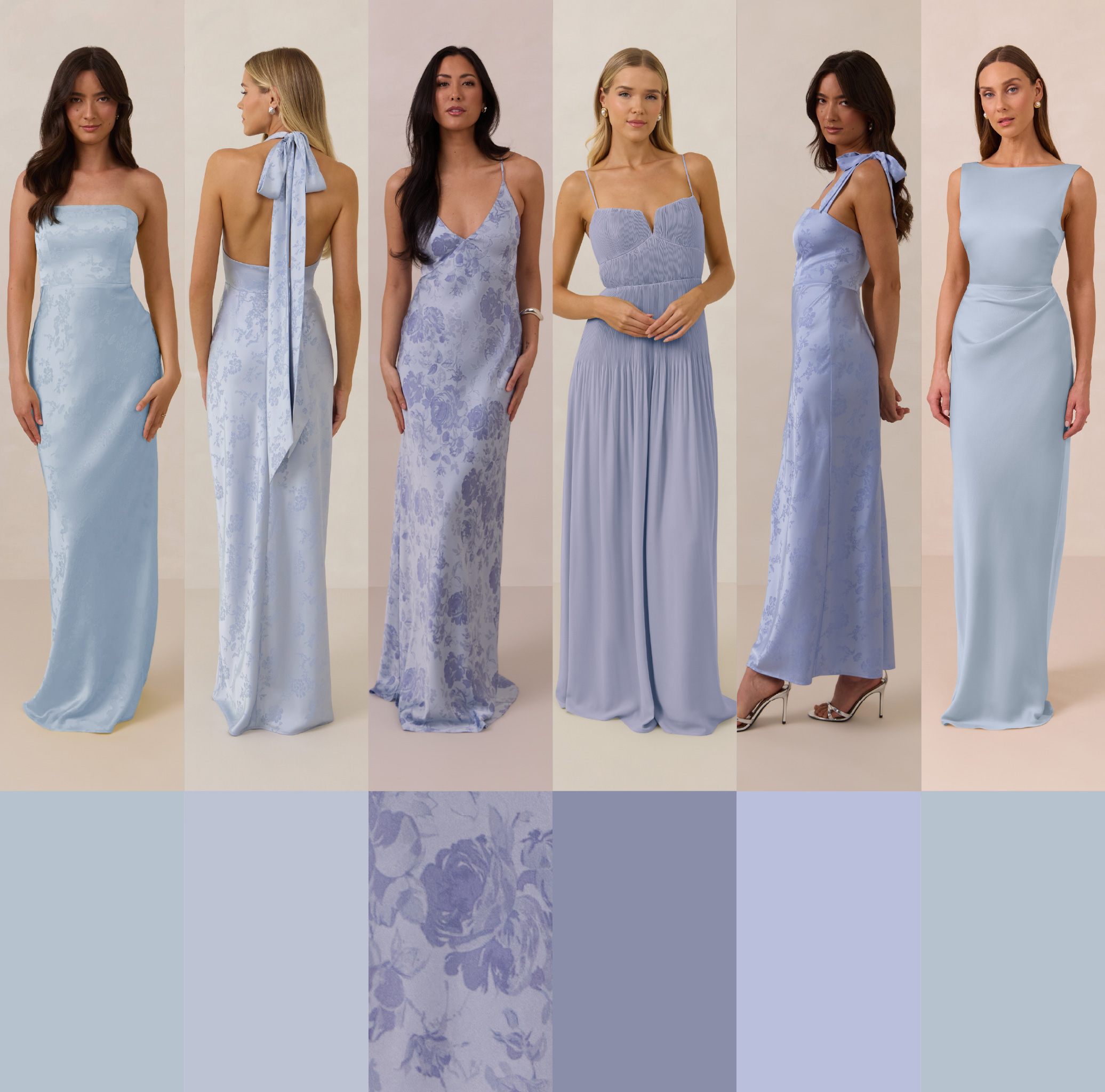Six fabric swatches in shades of blue and purple with decorative patterns.