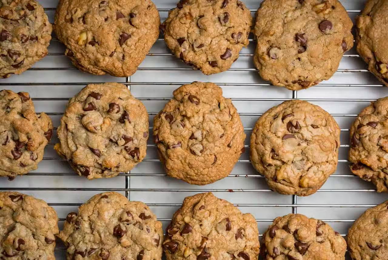 Chocolate chip cookies on a rack