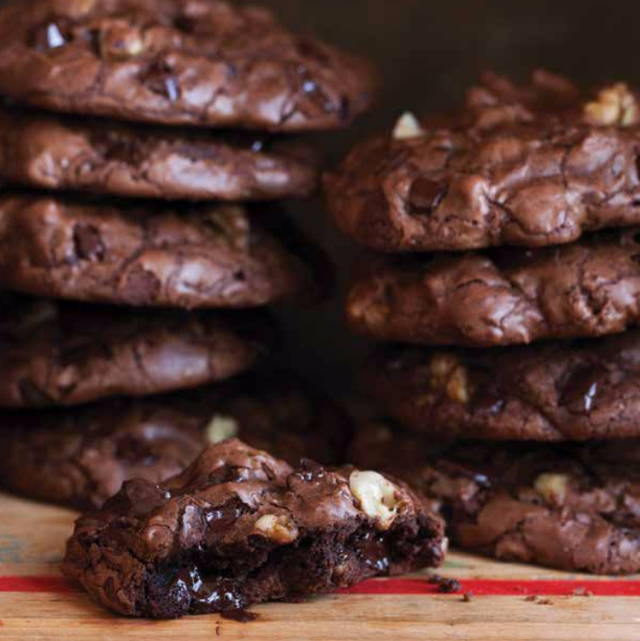 Two stacks of gooey double-chocolate mocha cookies.