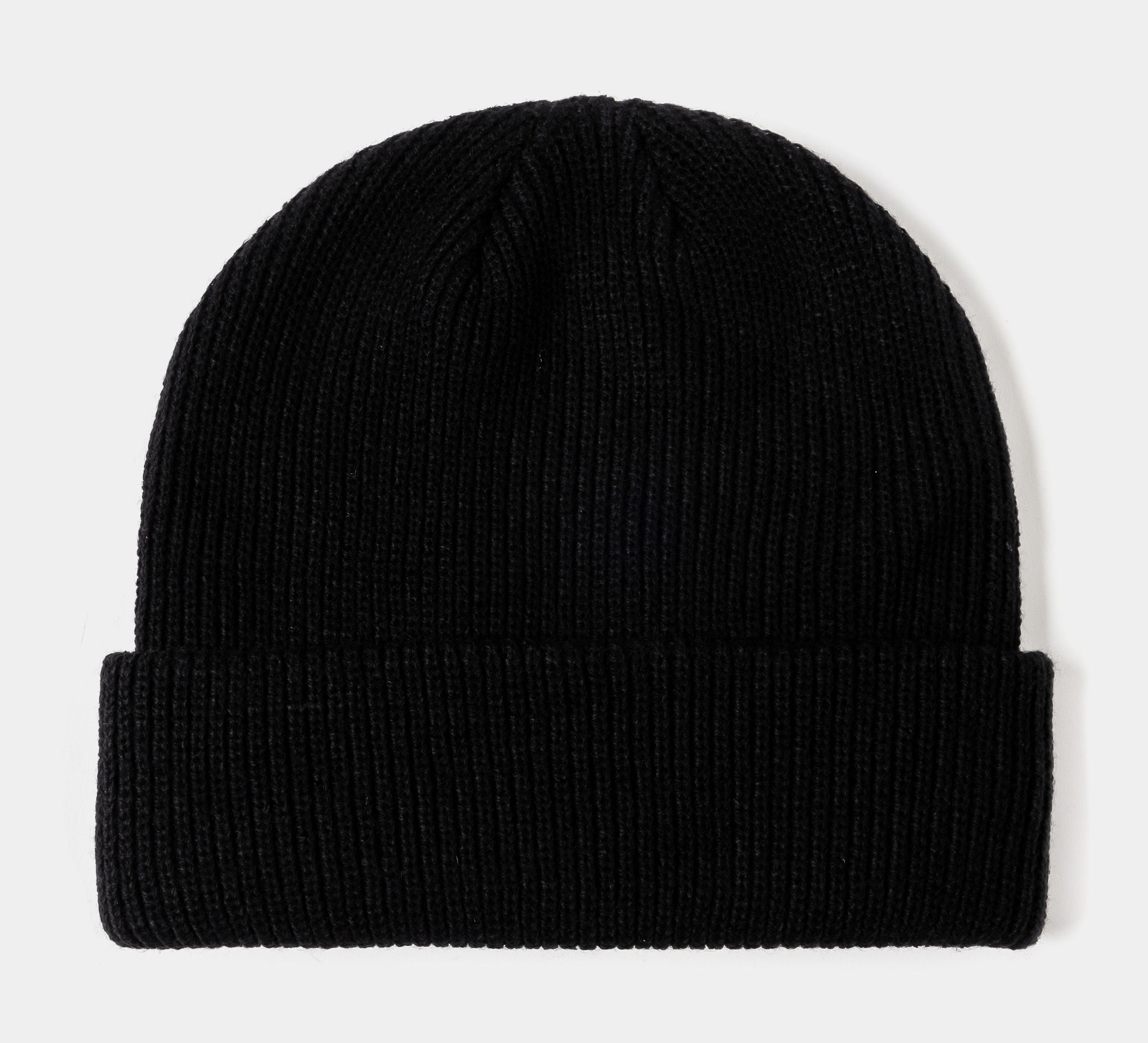 Black knit beanie with a decorative cross emblem.