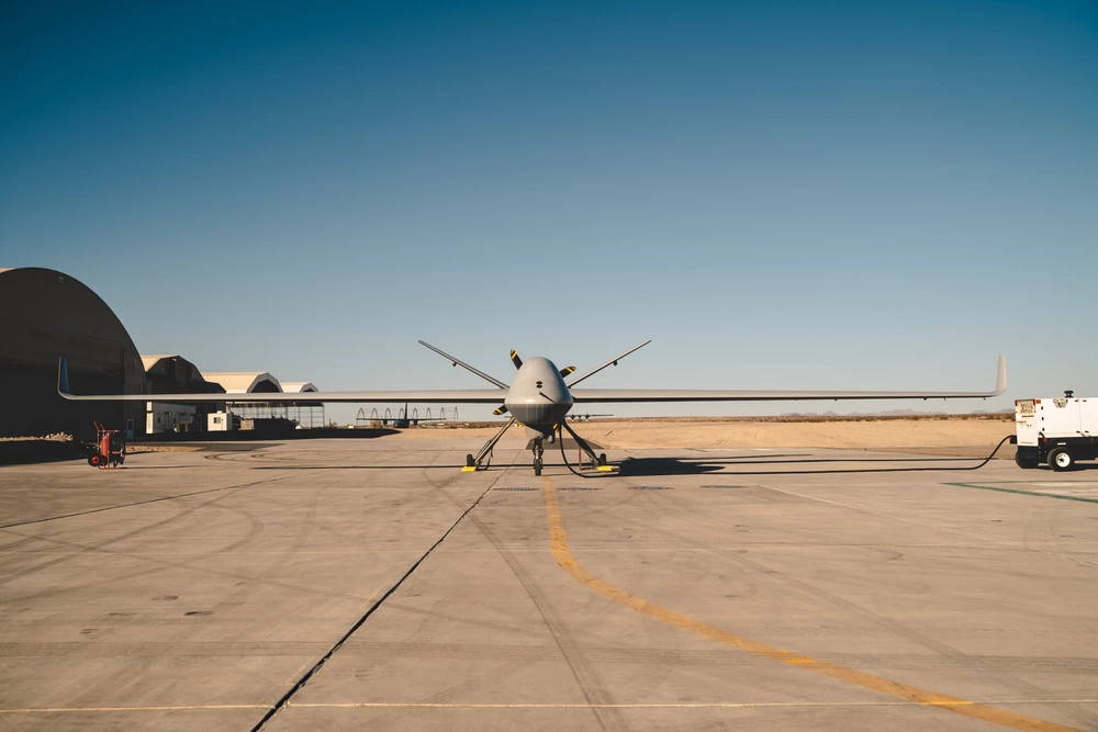 The General Atomics MQ-9B Reaper Unmanned Aerial Vehicle is staged at the U.S. Army Yuma Proving Grounds, U.S. Army Test and Evaluation Command, Yuma, Ariz., Nov. 7, 2019. The Reaper was used for an intelligence, surveillance, target acquisition, and reconnaissance mission during the Marine Air Ground Task Force Warfighting Exercise at Marine Corps Air Ground Combat Center, Twentynine Palms, Calif. (U.S. Marine Corps photo by Lance Cpl. Colton Brownlee)