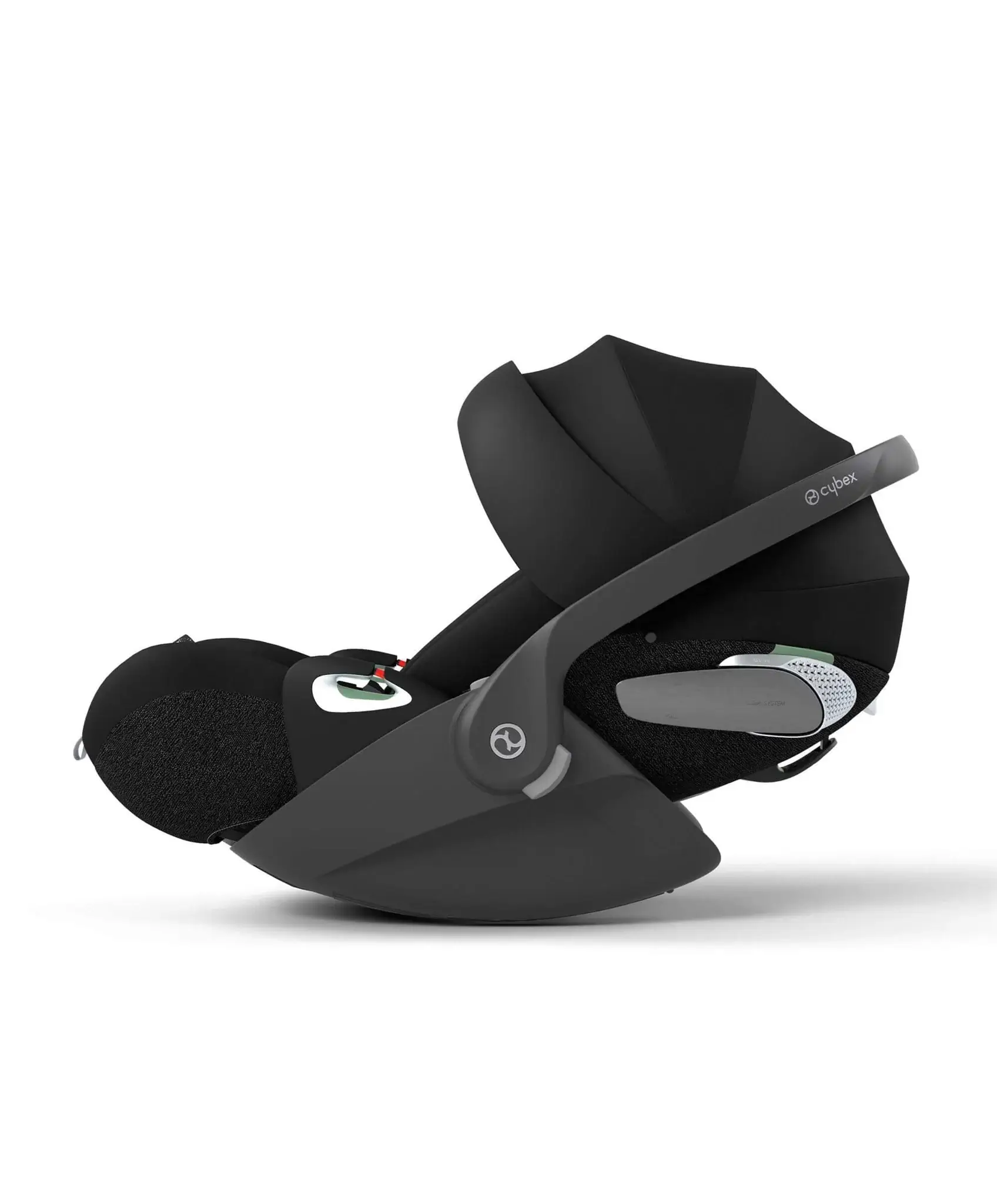 Black infant car seat with adjustable handle and safety features.