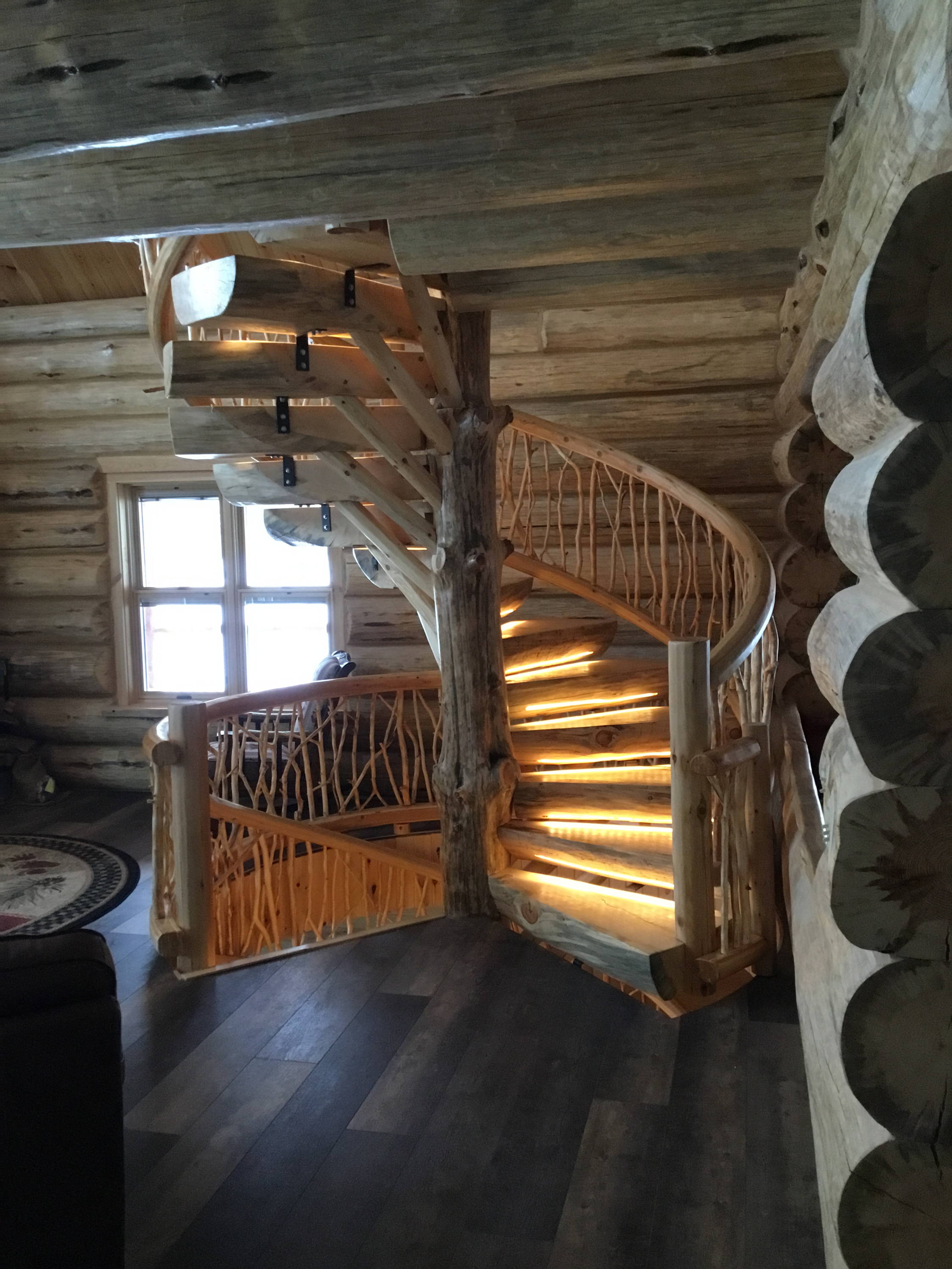 Spiral Log Stairs with Lighted steos