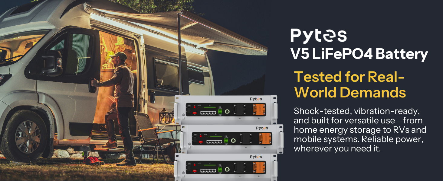 Camper van at night with battery comparison and specifications.