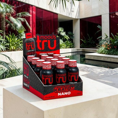 Display of drink bottles in a modern outdoor setting.