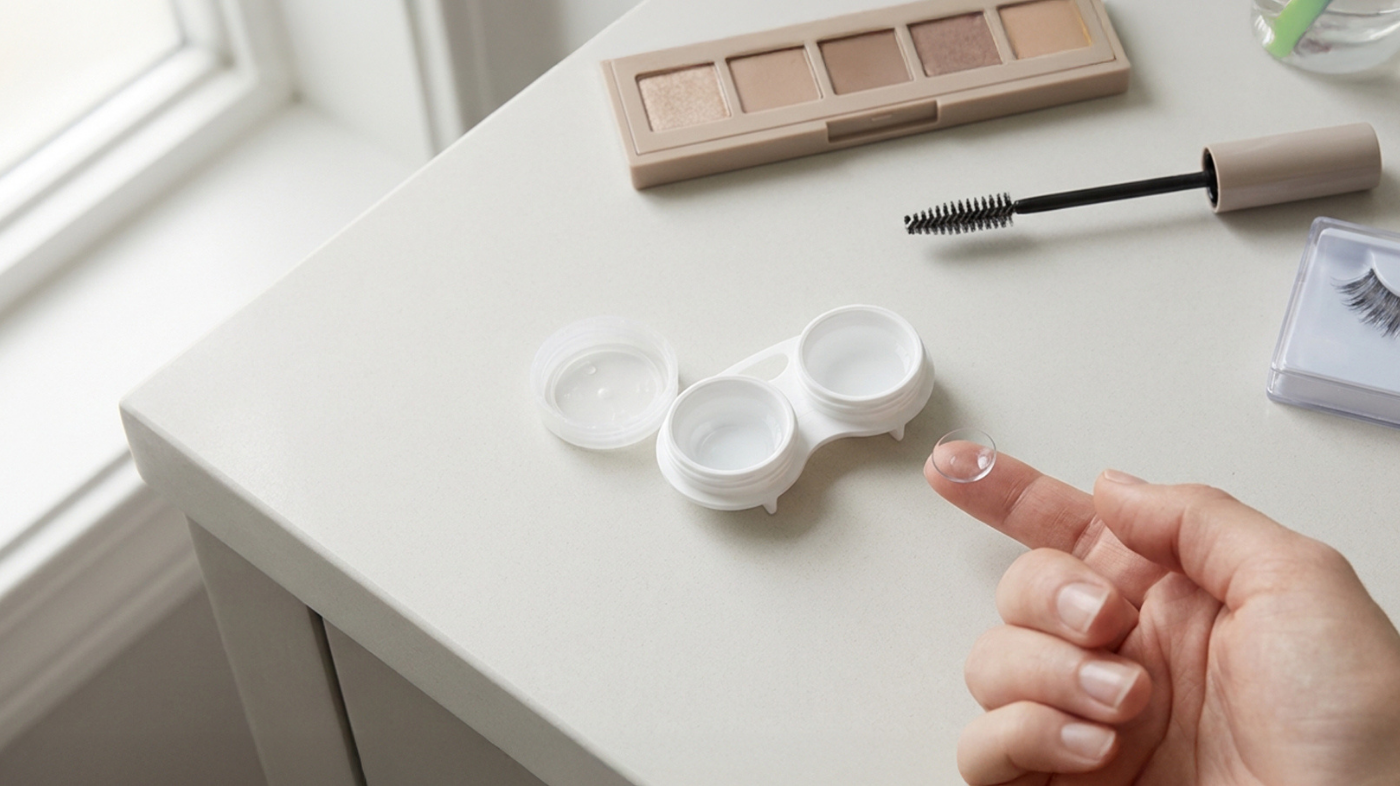 Contact lens on fingertip ready to be inserted before applying eye makeup — correct order for wearing contacts with heavy glam looks.