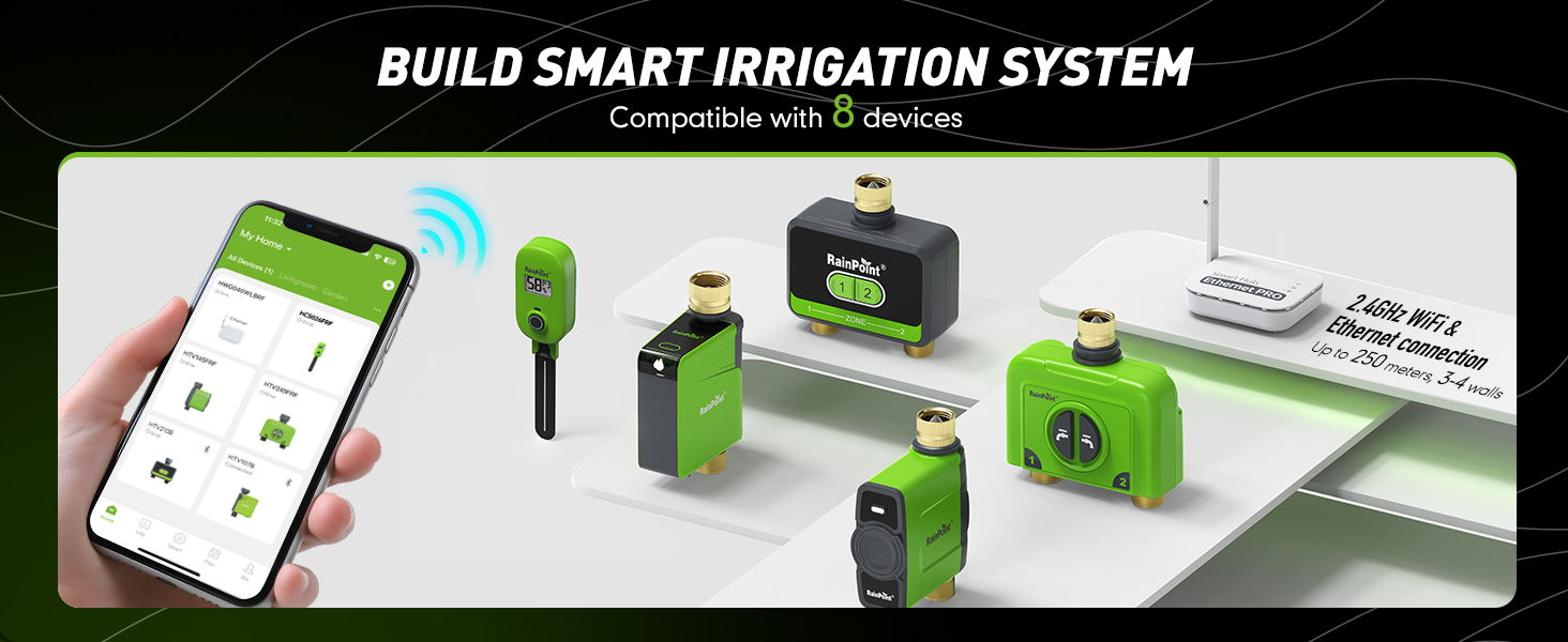 Smart irrigation system components with a mobile app interface.