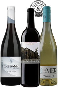 Three wine bottles with labels: Fog Bank, Long Barn, and Mer Chardonnay.